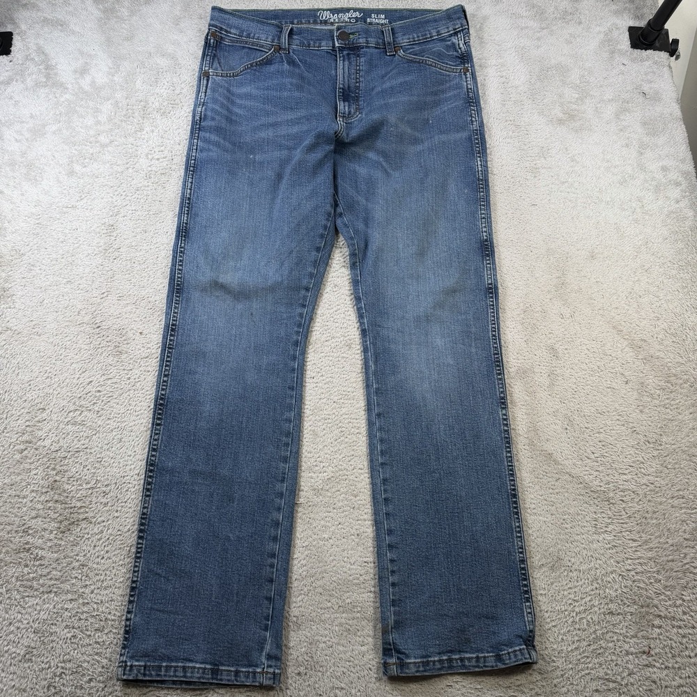 Wrangler Retro Jeans Mens 34x32 Blue Slim Straight Denim Workwear Cowboy Rodeo